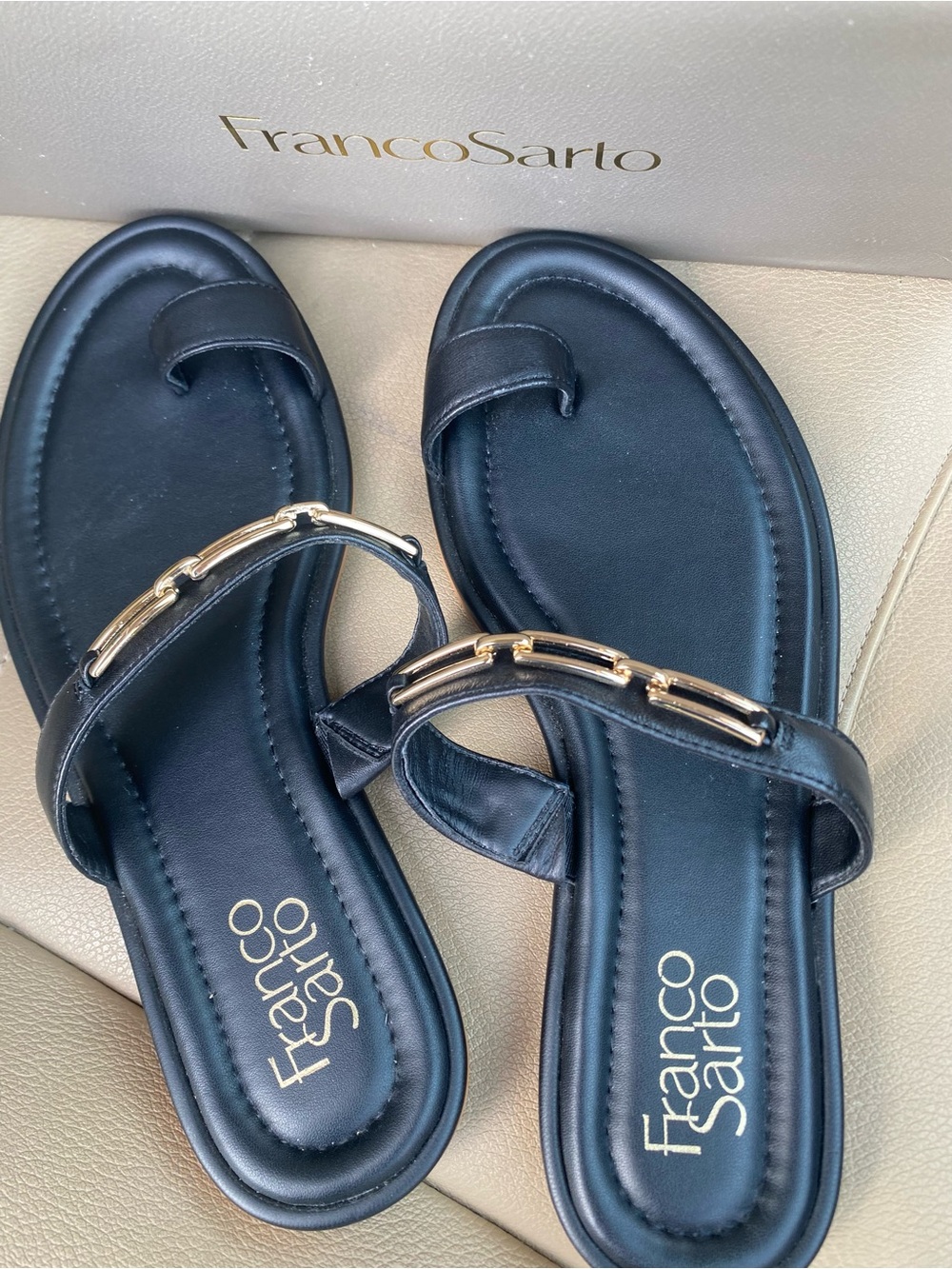 Franco Sarto Sz 8 Jade Black Slide Sandals with Gold Chain Accent